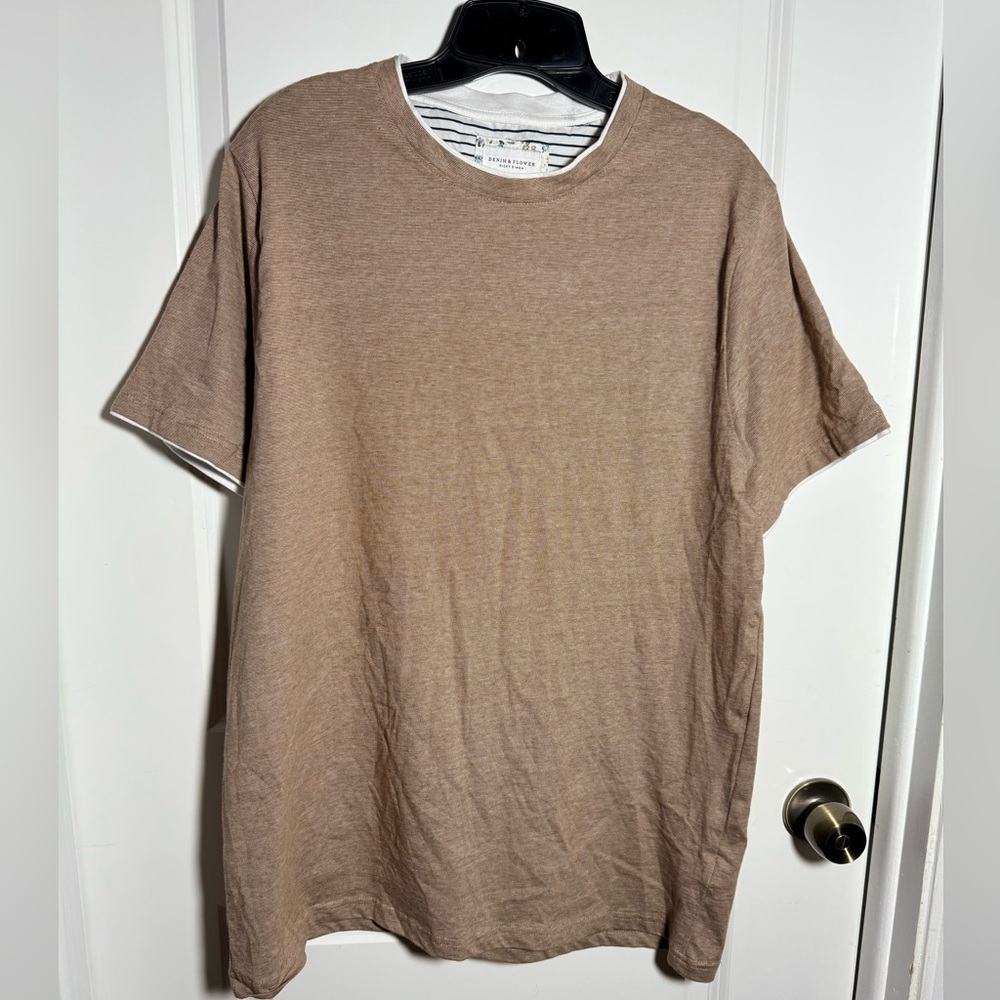 DENIM & FLOWER Light Brown Short Sleeve Tee, size XL